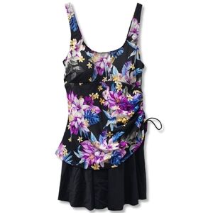 ROSE MARIE REID Black With Colorful Floral Print Swimsuit Dress, Tummy Control
